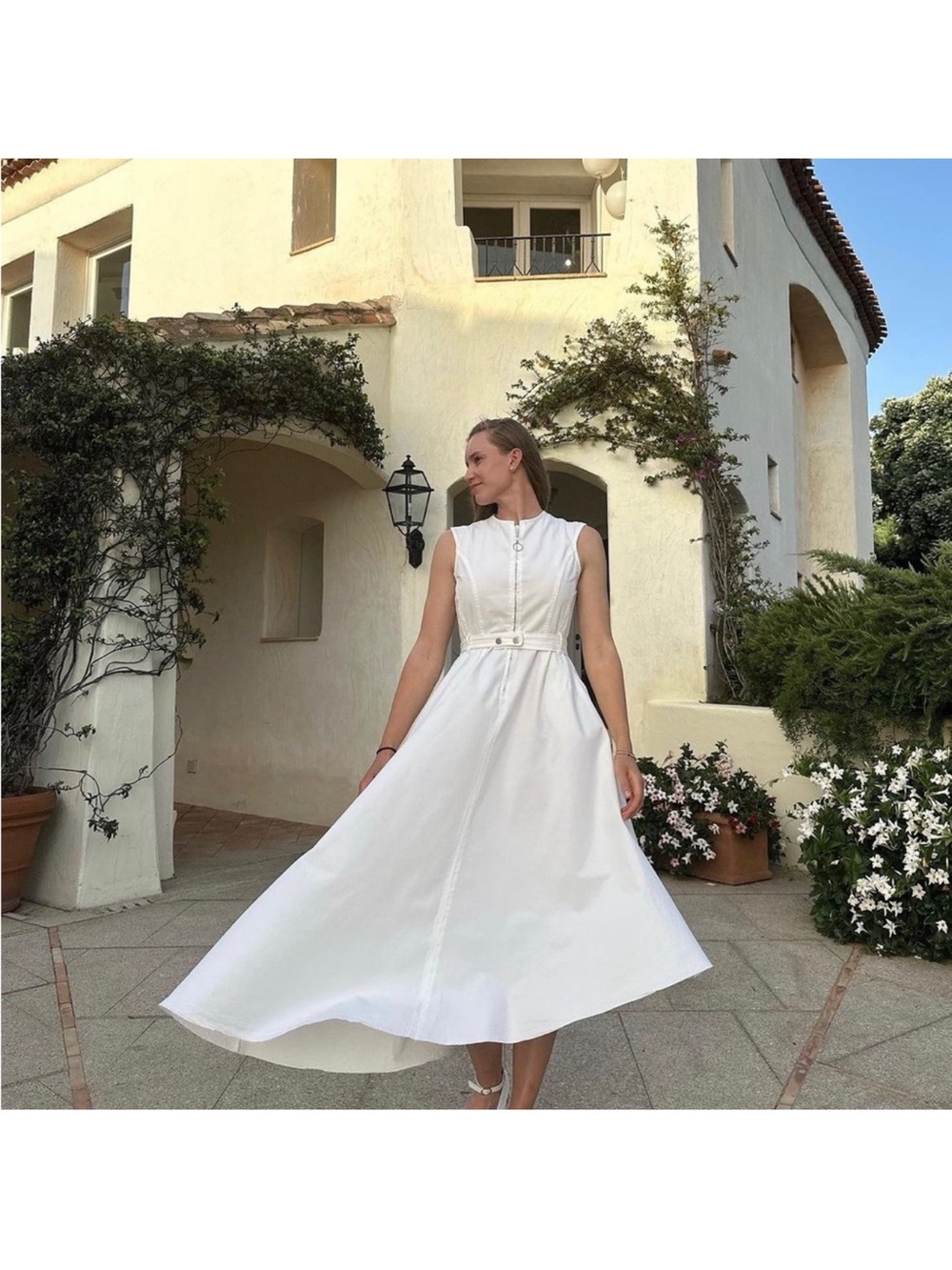 Zara White Sleeveless Button-Front Midi Dress with Belt